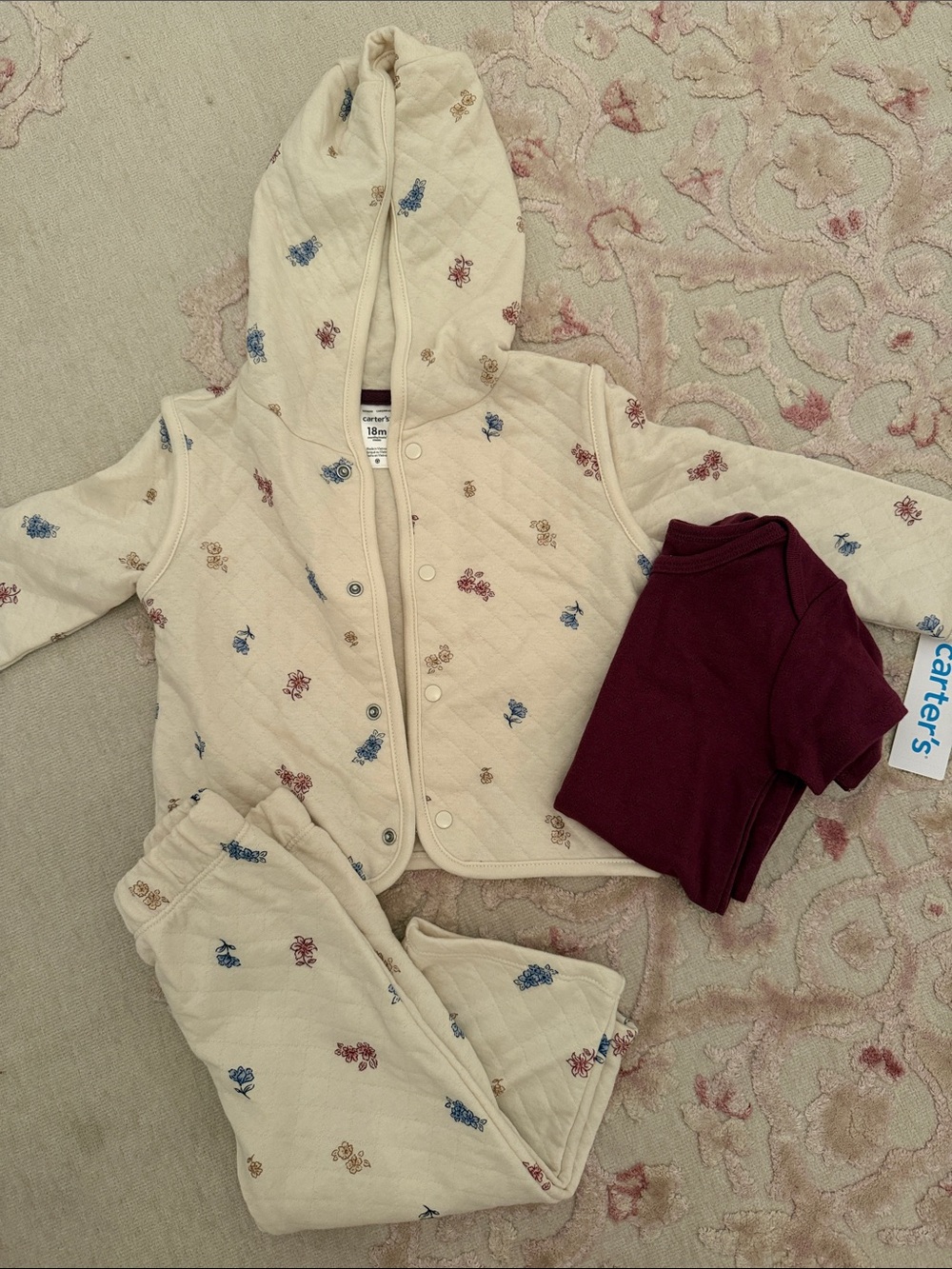 NWT Carter's Cream Quilted Hooded Set with Burgundy Bodysuit